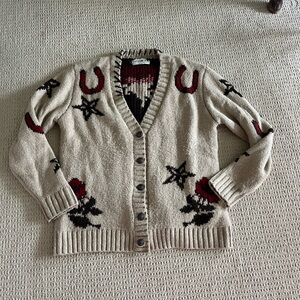 Idyllwind Beige Cardigan Sweater with Red & Black Western Motifs
